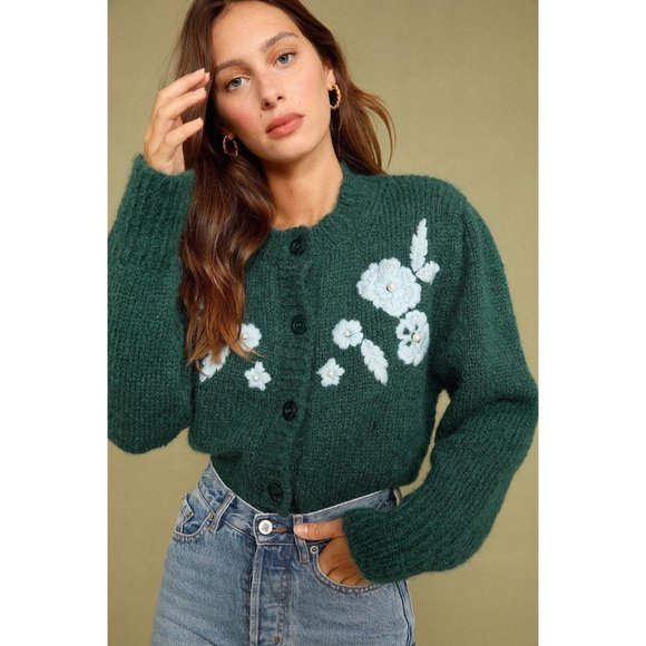 Rouje Sweaters - Rouje Armande Mohair Alpaca Embroidered Floral Pearl Cardigan Green Blue 42 10